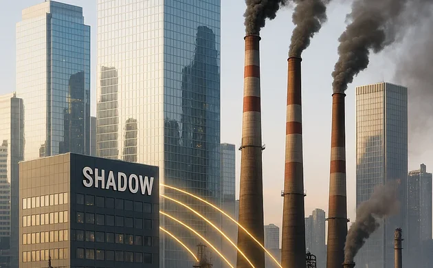 KI-generiertes Bild von einer Industrieanlage, die vor Wolkenkrazern steht