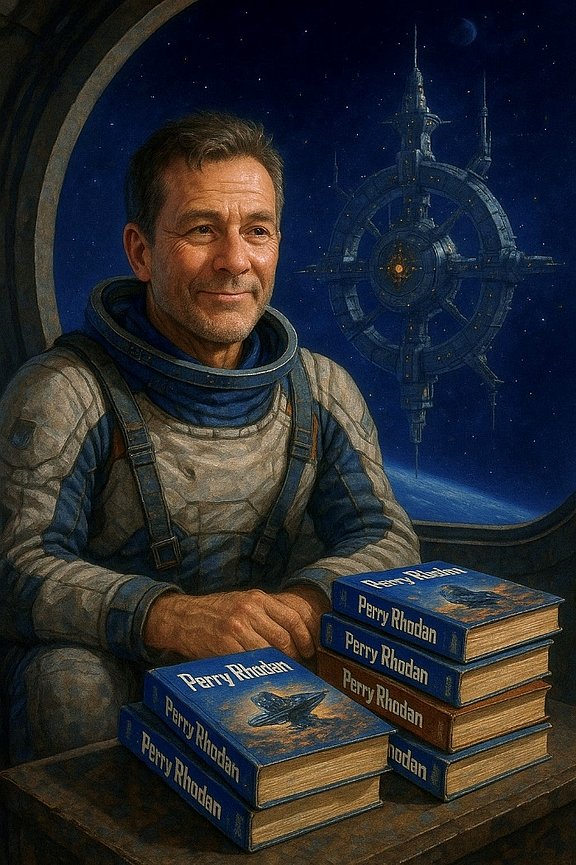 Astronaut sitzend vor Perry Rhodan Büchern