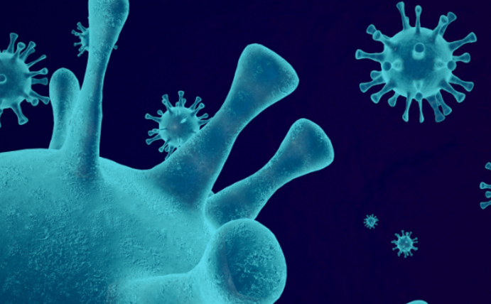 Eine mikroskopische Darstellung eines Virus in blau vor schwarzem Hintergrund.