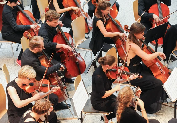 Close-up of musicians with string instruments.