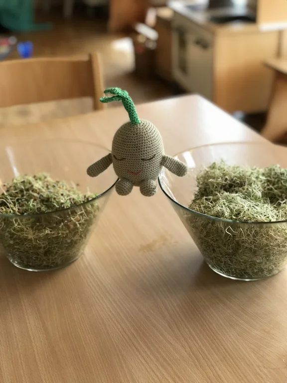 Ein Stoffmännchen hält sich an zwei Schalen mit Sprossen fest.