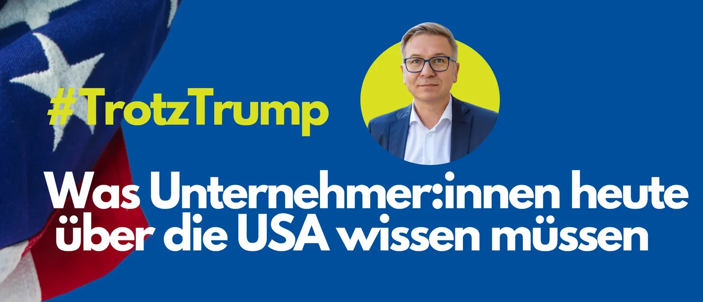 MI-Debatte 2025: Trotz Trump - Was Unternehmer:innen heute über die USA wissen müssen (Grafik: UW/H I Prof. Dr. Hendrik Wilhelm) Veranstaltungsgrafik mit Foto des Referenten Josef Braml.
