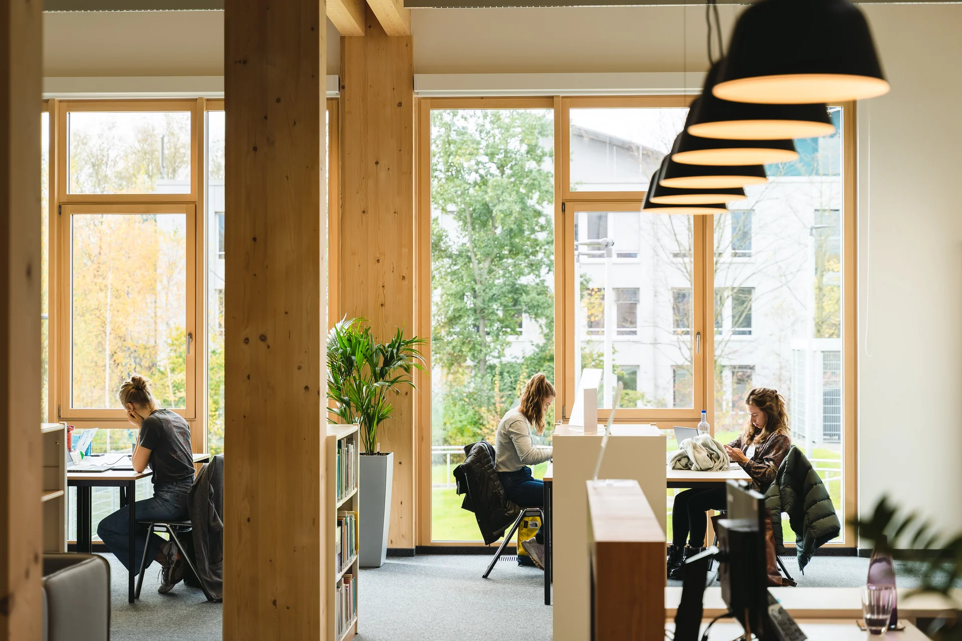 In einer ruhige Bibliothek mit großen Fenstern sitzen drei Personen an Tischen und arbeiten konzentriert an Laptops oder schauen auf ihr Smartphone.