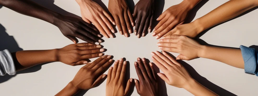 Viele Hände mit verschiedenen Hautfarben berühren sich.