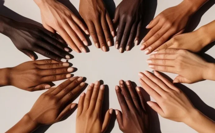 Viele Hände mit verschiedenen Hautfarben berühren sich.