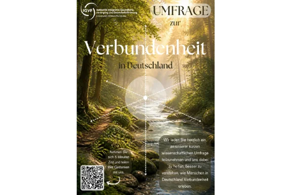 Poster for the IGVF study "A Sense of Belonging in Germany" (Graphic: Canva) A forest scene with a stream. The image features text elements and a QR code.
