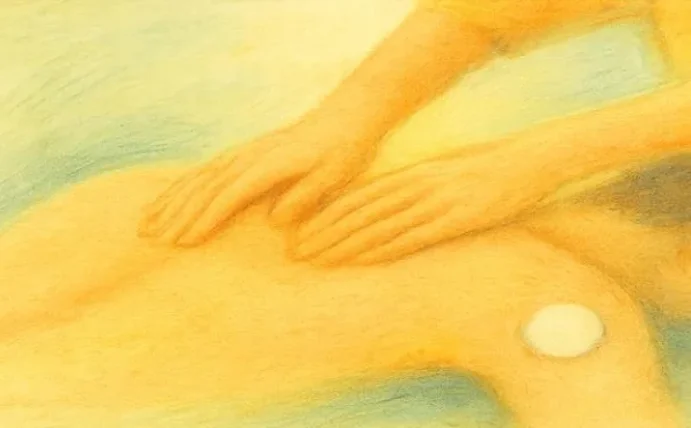 Buntstiftzeichnung in Gelb von Händen, die einen Rücken massieren