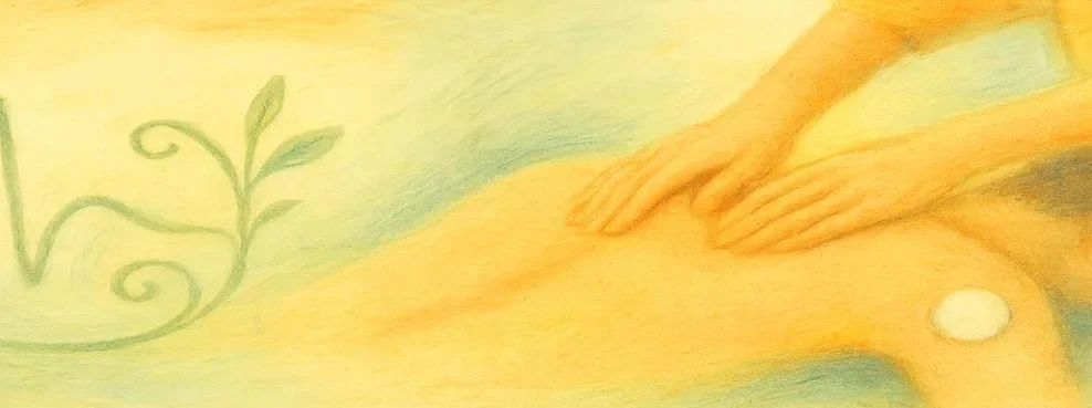 Buntstiftzeichnung in Gelb von Händen, die einen Rücken massieren