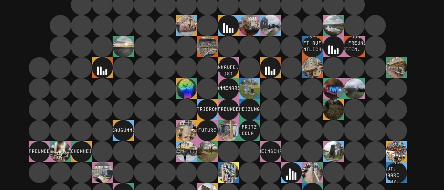 Die Ausstellung zeigt Ergebnisse zweier Stufu-Seminare (Grafik: UW/H I Philip Pearce). Auf dunklem Hintergrund sind viele graue Kreisen zu sehen. In einige der Kreise sind kleine runde Fotos und farbige Icons eingebettet, die Orte, Gebäude, Veranstaltungen, Naturmotive, etc. zeigen. Die Anordnung wirkt wie ein Mosaik.