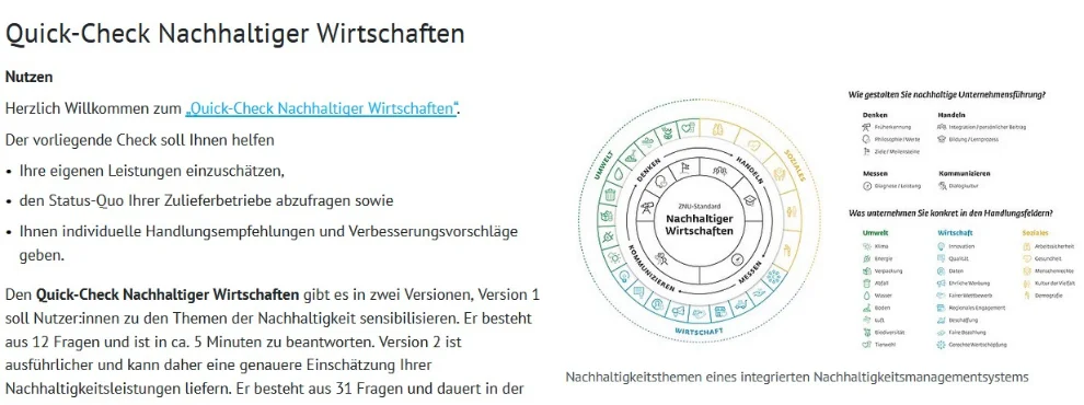 Screenshot einer Website zum Quick-Check Nachhaltigkeit