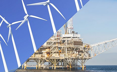 Collage of two photos with wind turbines and an oil rig.