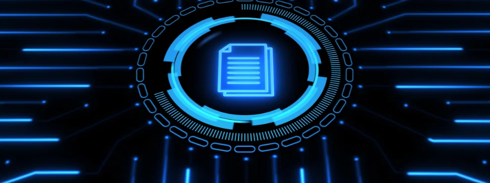 Ein KI generiertes Bild. Schwarzer Hintergrund, blaue Striche und in den Mitte ein Dokument.
