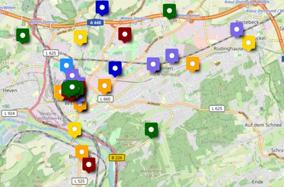 Nachhaltige Orte und Initiativen in der Region Kartenausschnitt mit markierten Standorten von nachhaltigen Orten und Initiativen in der Region.