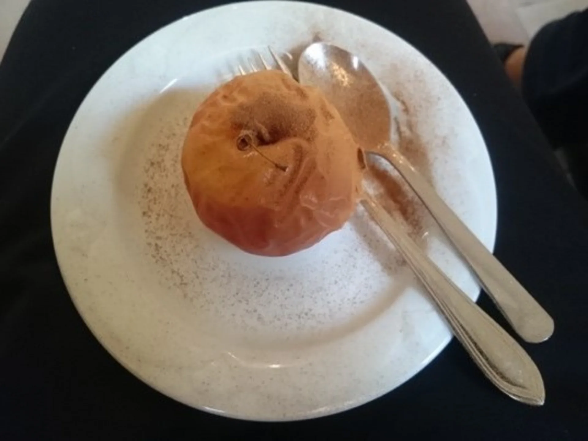 A cinnamon apple sprinkled with cinnamon on a plate.