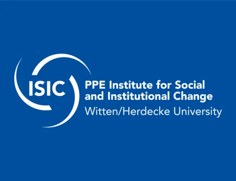 Forschung am PPE Institute for Social and Institutional Change (ISIC) der UW/H (Grafik: Julian Kliem) Weißes Logo des PPE Institute for Social and Institutional Change (ISIC) der UW/H auf dunkelblauem Hintergrund