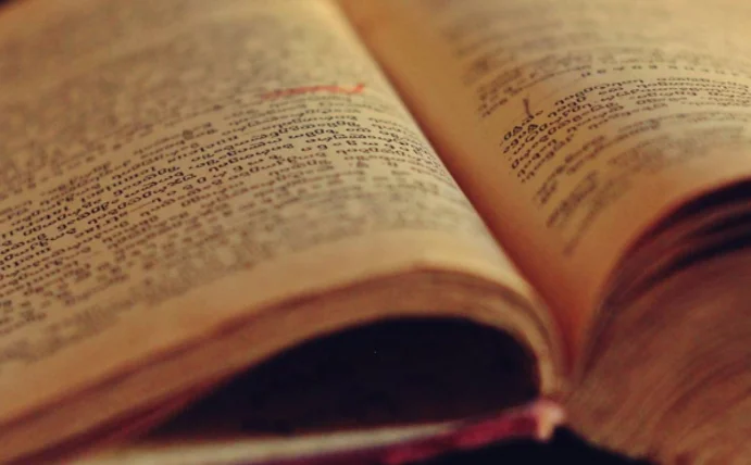 You see an old book lying open.