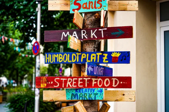 Discover Witten (Photo: City of Witten | Eike Zengerle) Photo of a colourful signpost.