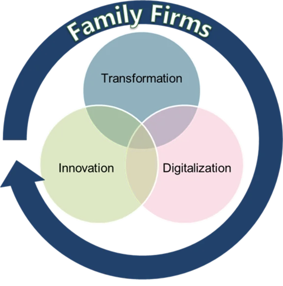 Our research areas at the Chair: ‘Innovation’, ‘Transformation’ and ‘Digitalisation’ in the context of family businesses Infographic on the Chair’s key research areas