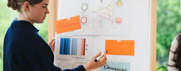 Studentin steht an einer Flipchart und schreibt Wörter wie Klimawandel auf farbige Karten.