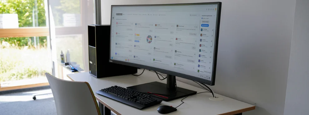 An AI-powered computer workstation, the screen of which displays several professional graphics programmes.