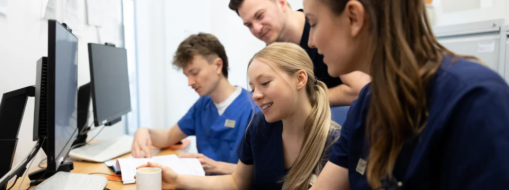 Vier Studierende sitzen vor zwei Bildschirmen und schauen auf Dokumente, die vor ihnen liegen.