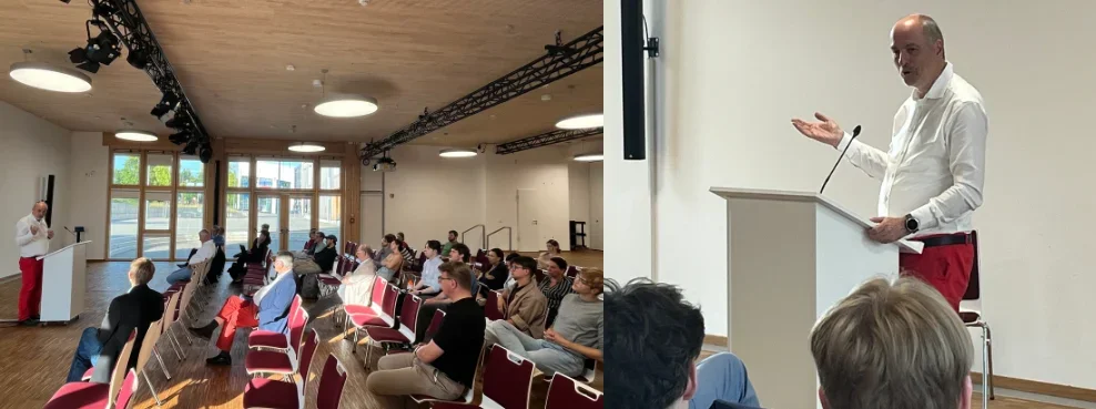 Photo of Klaus Welle's lecture at the UW/H on 24 June 2025, showing Klaus Welle speaking to the audience (Photo: UW/H | Sonja Knobbe)