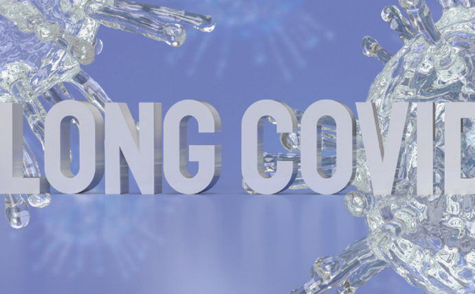 Man sieht einen Virus und davor die Aufschrift "Long Covid".
