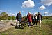 From left: Jan Peter Nonnenkamp, Dr. Annaliesa Hilger, Jil Herker, Sophie Große-Wöhrmann, Benjamin Greulich (Photo: UW/H I Lucy Mindnich) Five people from UW/H are standing in the field with a wheelbarrow and plants in their hands.