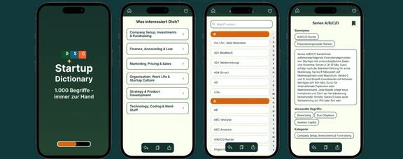 The Startup Dictionary explains business terms and makes start-up knowledge easily accessible. (Photo: Dein Startup Coach) Four screenshots of a smartphone app on a dark background.