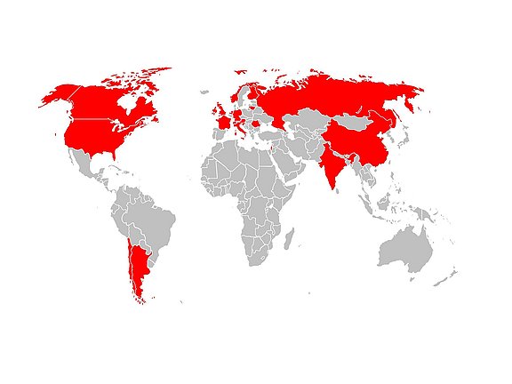 Graphic of a world map on which the participating countries are marked in red