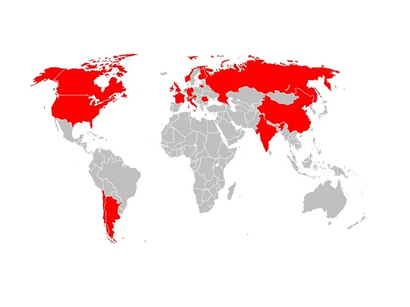 Graphic of a world map on which the participating countries are marked in red