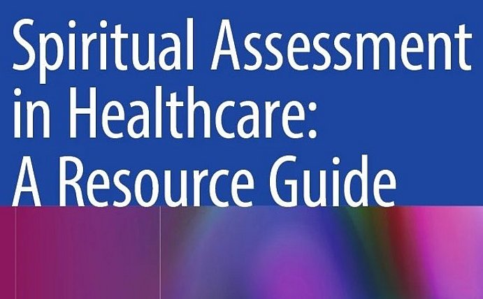 Book cover Spiritual Assessment in Healthcare: A Resource Guide. White letters on blue background with elements in purple