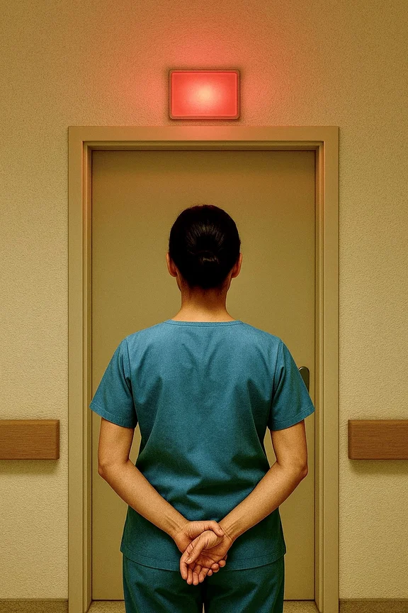 Innehalten vor der Tür (Bild: Arndt Büssing / KI-generiert) Pflegeperson steht vor einem Zimmer mit rotem Licht über der Tür
