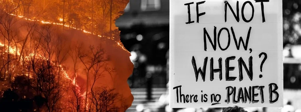 Demonstrationsplakat mit der Aufschrift: If not now, when? There is no PLANET B, neben einem Bild von einem Waldbrand