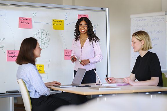Die Initiative zum EXIST-Women Stipendium (Foto: UW/H / Felina Gust) Drei Frauen in einer Seminarsituation