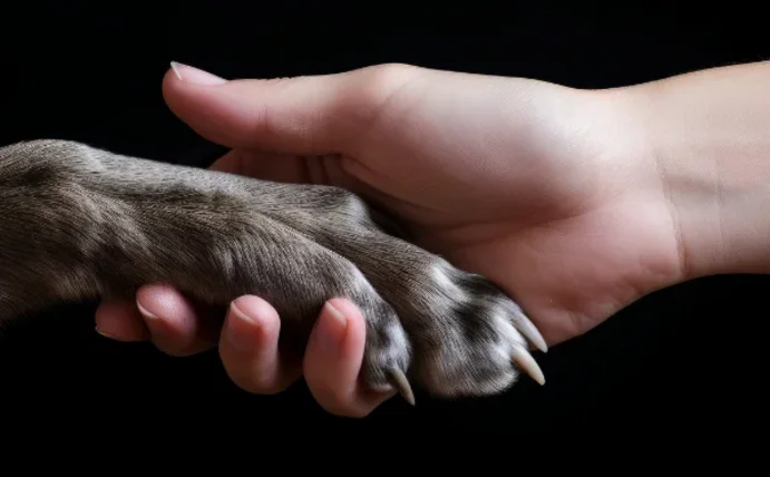 Eine Hundepfote liegt in einer Menschenhand.