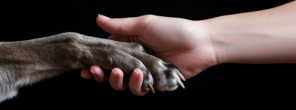 Eine Hundepfote liegt in einer Menschenhand.