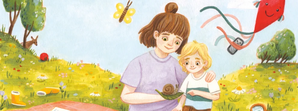 The graphic shows a woman with a child sitting in a meadow and watching a snail together.