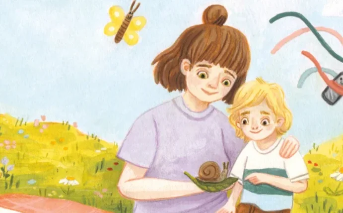 Die Grafik zeigt eine Frau mit einem Kind, die auf einer Wiese sitzen und gemeinsam eine Schnecke beobachten.