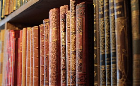 Ein Regal voller alter Bücher mit Ledereinband.