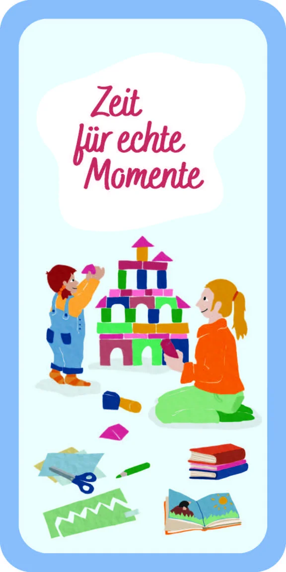 Zeichnung von spielenden Kindern mit Text "Zeit für echte Momente"