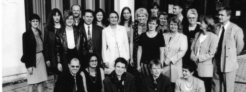 A black-and-white group photo featuring the first students in the "Nursing Science" program. 