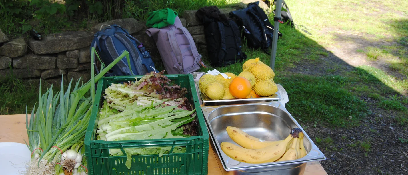 KULTURZEIT Von der Ertragskultur zur Begegnungskultur (Foto: UW/H) Lauchzwiebeln, Salat, Zitronen, Orangen udn Bananen auf einem Holztisch. Im Hintergrund Rasen und Sträucher