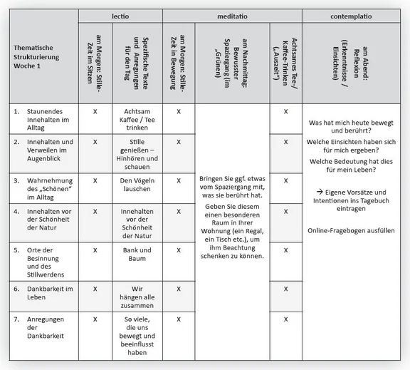 Woche 1 im Interventionsmodul Staunendes Innehalten Grafik des Ablaufs von Woche 1 im Interventionsmodul
