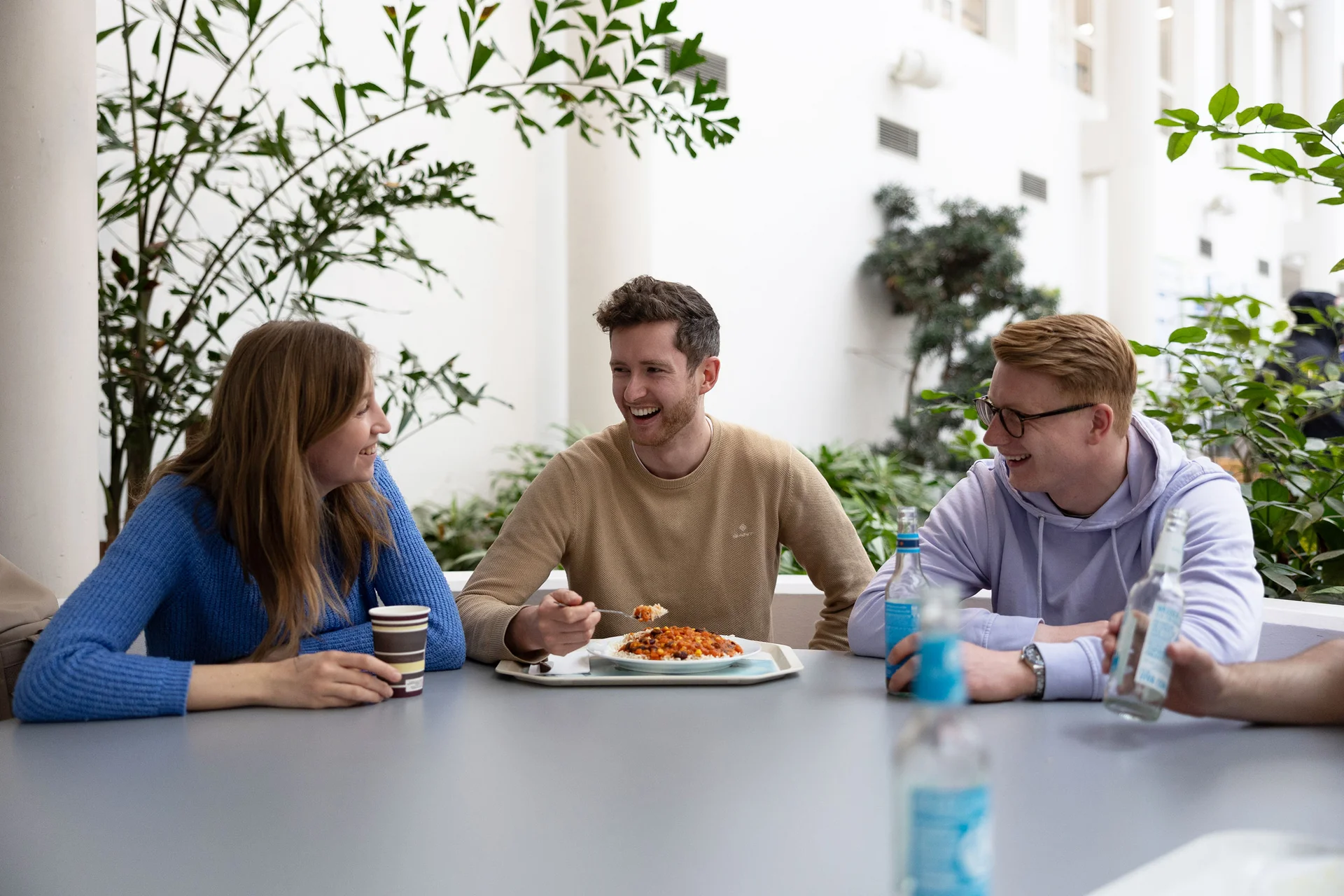 Three students are sitting down to eat together. In front of them are plates and drinks. There are plants in the background.