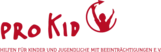 Red lettering Pro Kid - help for children and young people with disabilities. Red person in a circular arrow