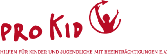 Logo Pro Kid e.V. Herdecke Rote Schrift Pro Kid - Hilfen für Kinder und Jugendliche mit Beeinträchtigungen. Roter Mensch in kreisrundem Pfeil