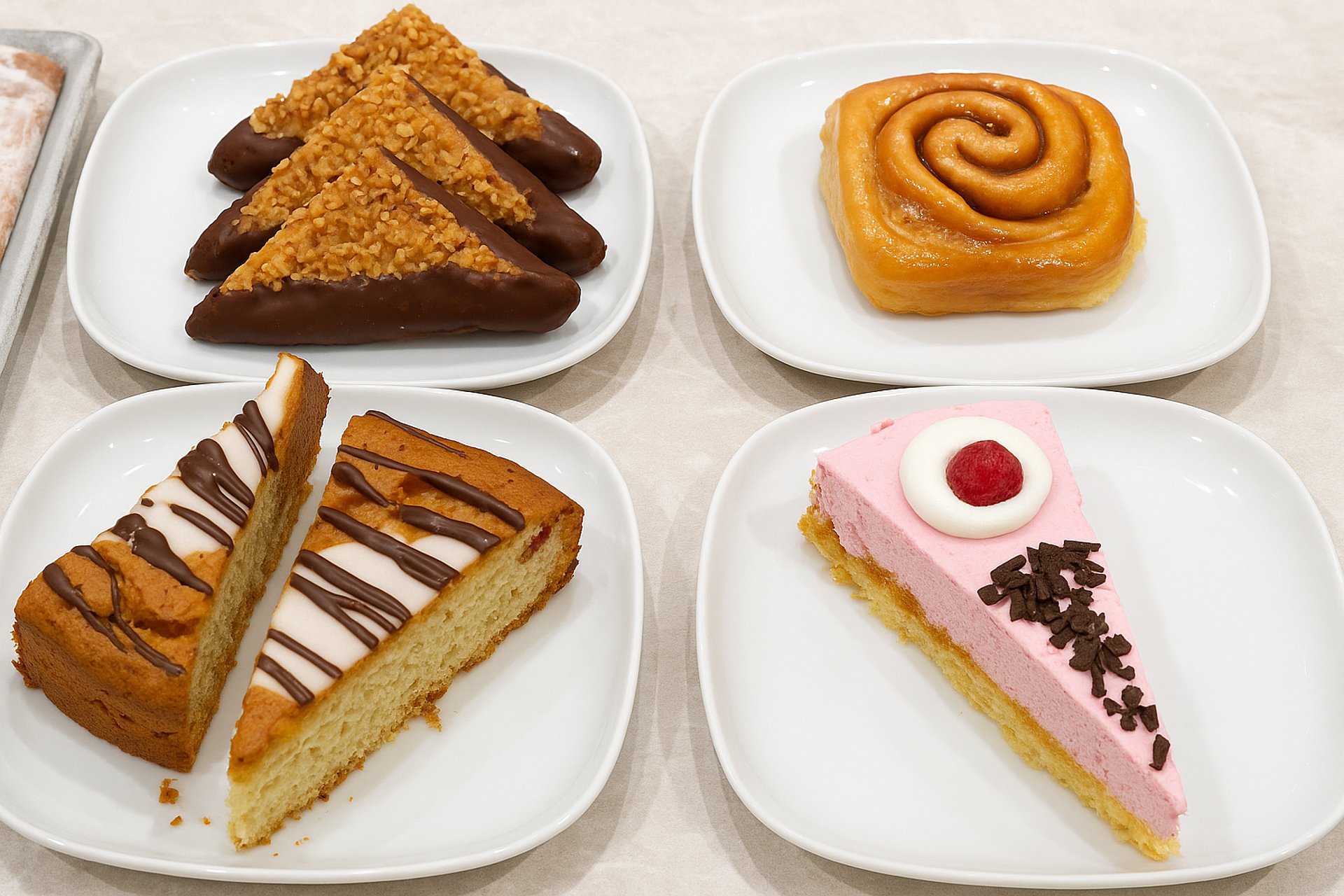 Vier Sorten Kuchen auf Tellern