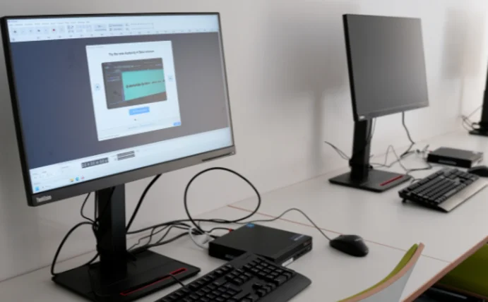 Drei Computerarbeitsplätze stehen in einer Reihe. Ein Bildschirm zeigt ein Audioschnittprogramm.