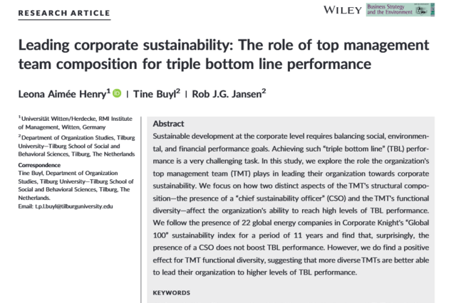 Article "Leading corporate sustainability: The role of top management team composition for triple bottom line performance"